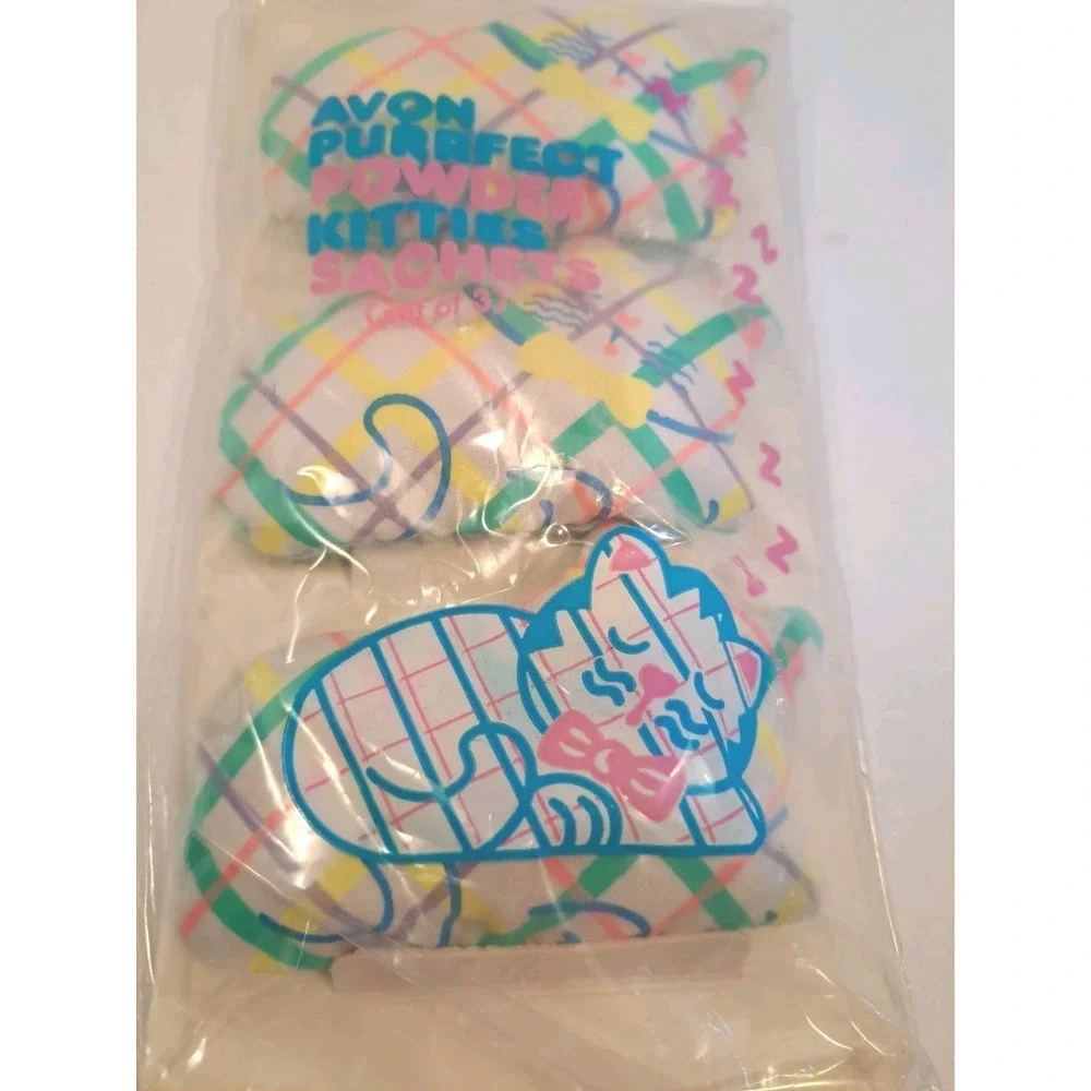 Vintage Avon Purrfect Powder Kitties Sachets Pack of 3 Pastel Plaid 1990s